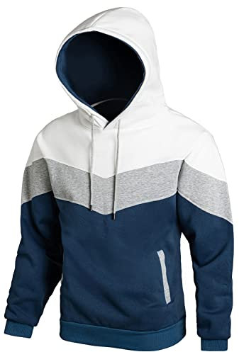 Hoodie Herren Pullover Sweatshirt Farbblock Vlies Langarm Kapuzenpullover Sweatjacke mit Tasche weiß Grau Blau XL