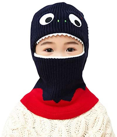Kapuzenschal Kinder Schalmütze, Baby Jungen Mädchen Mütze Schal Set Winter Niedlich Dinosaurier Beanie Strickmütze Kleinkind Schlupfmütze Gesichtswärmer für Fahrrad Skilaufen für Baby 1-5 Jahre,Blau