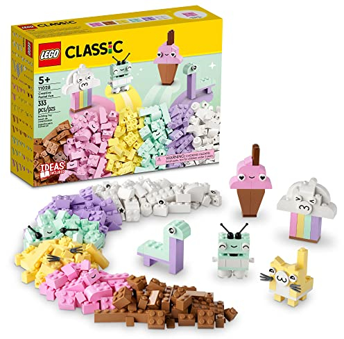 LEGO Classic Creative Pastel Fun Bricks Box 11028, Bauspielzeug für Kinder, Mädchen, Jungen ab 5 Jahren, mit Modellen, Eis, Dinosaurier, Katze & mehr, kreatives Lerngeschenk