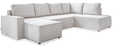 MIUFORM Sofa Cord U Form 322 cm x 194 cm x 89 cm, Ecksofa mit Schlaffunktion und Bettkasten- Brave Dave U- Wohnlandschaft U Form mit Schlaffunktion, Cord Sofa Beige, Rechts ausgerichtet