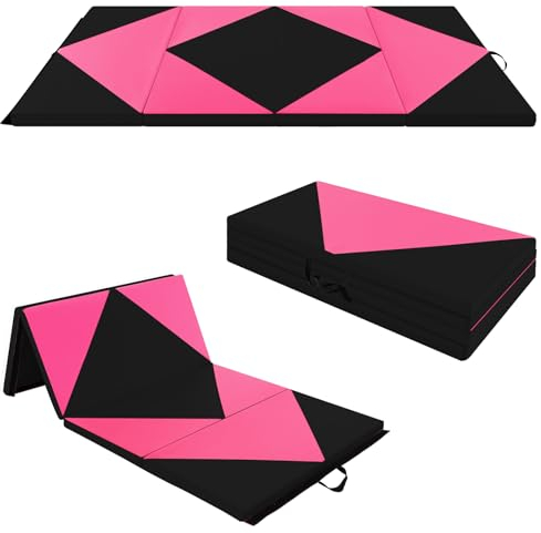 GOPLUS Turnmatte klappbar, 240×117×5cm Weichbodenmatte mit 2 Tragegriffen & Klettverschlüssen, Gymnastikmatte für Gymnastik, Yoga & Spielen, Sportmatte Fitnessmatte für zuhause (Rosa + Schwarz)