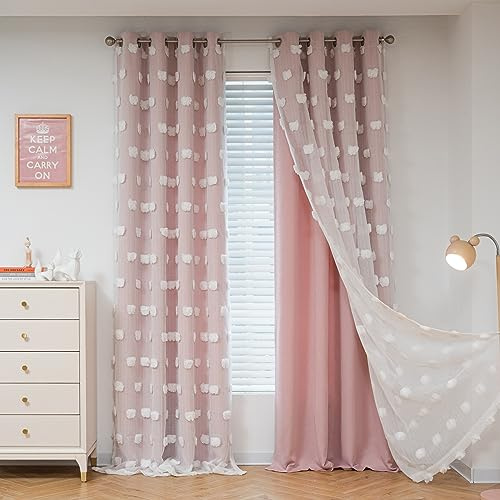 MYSKY HOME Pink Curtains for Girls Bedroom 84 Inches Long Blackout Nursery Curtains Double Layer Pom Pom Sheer Overlay Kids Toddler Room Decor Grommet Privacy Room Darkening Window Drapes 52 x 84 Inch