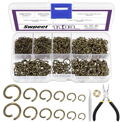 Swpeet 1403Pcs gemischte Größe 4-10mm Bronze Open Jump Ringe Kit mit Pinzette, Jump Ring Zange und Jump Ring Opener, Runde Ring Connectors für DIY Schmuck Making Supplies