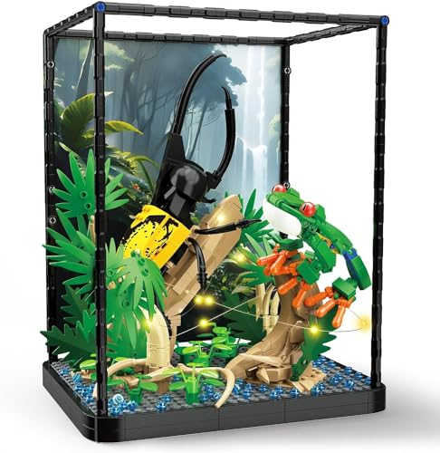 QLT QIAOLETONG Ideas Baukasten mit tropischen Regenwaldtieren,Klemmbausteine Baustein Reptilienlandschaft mit LED-Lichtspielzeug für Kinder von 10–14 Jahren und Erwachsene