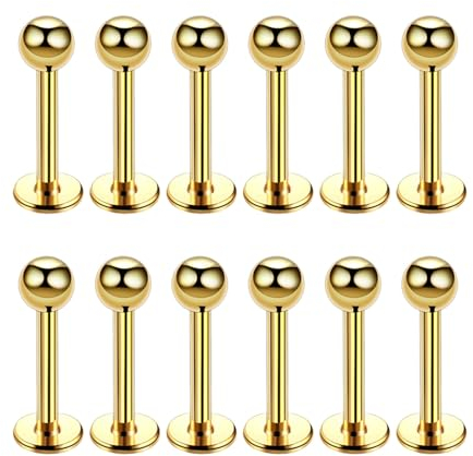 12 Stück Goldene 1,2 x 10 x 3 mm 16 g 316L-Edelstahl-Kugel-Lippen-Tragus-Helix-Ohrring-Bolzen-Barbell-Ring-Körper-Piercing-Schmuck-Set, 10 mm, Wangen-Zungen-Ringe, Barbell-Körper-Piercing-Schmuck