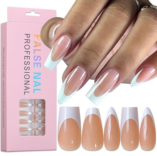 EONFAVE French Tip False Nails - Press on Nails - 72PCS Square Almond Fake Nails French Style Press On Nails with Glue - Elegant White Tips Design Fake Nails for Women Girls (3 different Nails Shape)