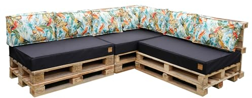 Bielik Palettenkissen Palettenauflagen mit abnehmbarem Bezug Palettenmöbel Palettensofa Palettenpolster (schwarz mit Papageien, 10er Set: Sitzkissen 120x80 + Rückenlehne 60x40)