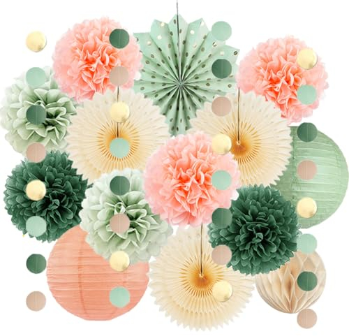 Pfirsich Party Deko Salbeigrün Rosa Deko Apricot Pfirsich Pompons Deko Salbei Papierlaterne Party Deko Olivgrün mit Kreisgirlande für Deko Geburtstag Pfirsich Babyparty Hochzeitsdeko Brautdusche