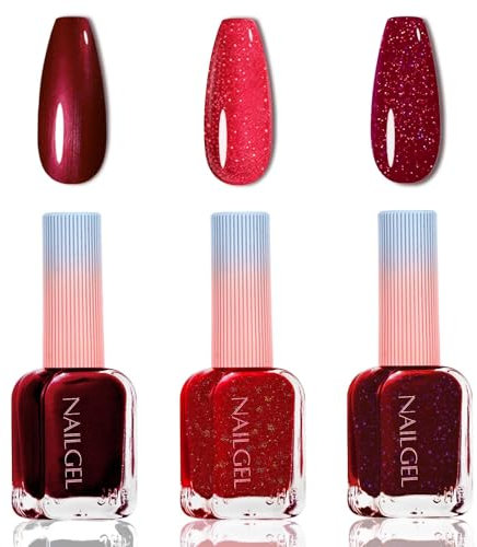 Red Nail Polish Set - 3PCS Glitter Nail Varnish - Dark Red Pearlescent Shimmer - Shiny Glitter Reflective Air Dry Long Lasting Home Manicure Gift for Women