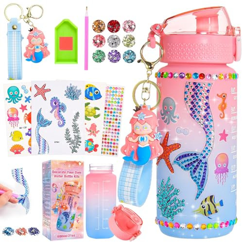 Qukir Bambina 3 4 5 6 7 8 9 10 Anni Kit Borraccia Fai da Te con Gemma Adesivi, Bambina 4-10 Anni Regali per Ragazze DIY Bottiglia d'Acqua Bambini 600ml