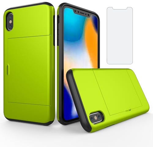 Asuwish Phone Case for iPhone Xs Max with Tempered Glass Screen Protector Cover and Accessories Card Holder Slot Slim Hybrid Cell i X XR Xsmax 10x SX Xmax 10xs 10s 10 Plus Xmaxs Women Men Green