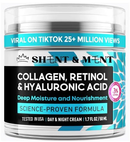 SHENT & MENT Crema Viso Retinolo 3% Antirughe Antimacchie Effetto Lifting Idratante Illuminante con Acido Ialuronico Collagene Niacinamide Trattamento Antiage Pelle Matura Sensibile Uomo Donna 50ml