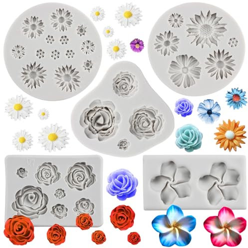 MYPRACS Stampi in silicone per petali di rosa, margherite, crisantemi, Frangipani, plumeria, fiori, in silicone, per cupcake, caramelle, argilla polimerica, cioccolato, set da 5