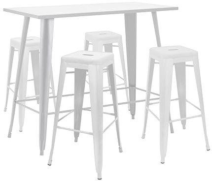 Oviala Hoher Gartentisch und 4 Hocker aus Metall, Weiß
