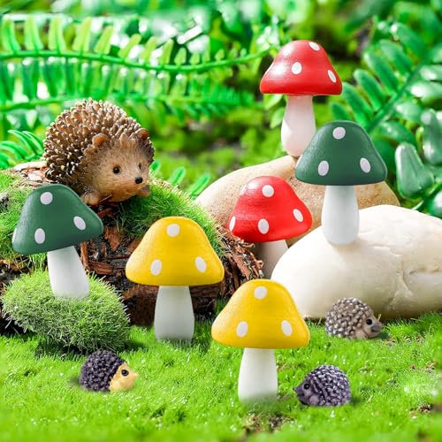 YHTCC Paquete de 10 adornos de jardín de hadas en miniatura, accesorios al aire libre, mini hongos y regalos de erizo, bonitos kits de jardín de hadas para niños, plantas en maceta, decoración de