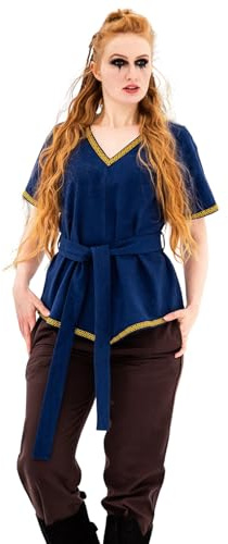 Leonardo Carbone® Damen Bluse Wikinger Tunika Matilda | V-Ausschnitt Mit Bordüre | Integrierter Gürtel | Karneval, Halloween, Cosplay, LARP, Tunika, Oberteil, Kostüm | 100% Baumwolle Blau M