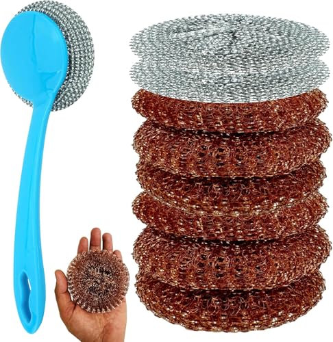 9-Piece Kitchen Cleaning Set - Non-Scratch Handled Scourers with Refills, Copper Mesh Scrubbers for Pots, Pans, and Grills - Non-Abrasive for Effective Cleaning