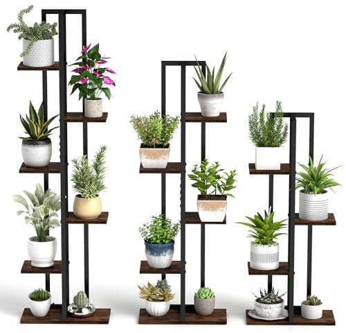 HOMASIS Support Plantes à 3 Etagères Interieur, Etagères de Fleurs à 4 + 5 + 6 Niveaux, Porte Plante Haute en Bois et Métal, Support pour Pots de Fleurs pour Salon Balcon Terrasse