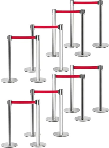 Absperrpfosten Edelstahl 8er Set Gurtpfosten 2 m Sperrgurt Rot Leitsystem | BURI Absperrständer als rostfreies Personenleitsystem für Events, Geschäfte und öffentliche Bereiche mit stabilem Stand