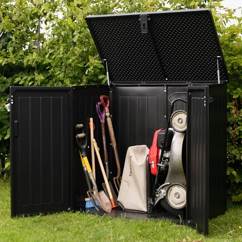 Olsen & Smith 775L Large Outdoor Garden Storage Box with Padlock - Big Capacity Plastic Shed Wheelie Bin Box Cabinet Cupboard - Ideal for 2x180L Wheelie Bins, Garden Tools, Toys & More (2025, Black)