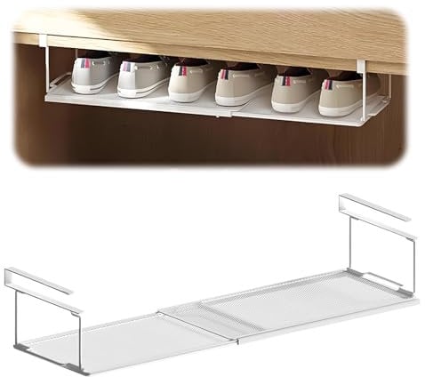 CHENGCKJ Unterregal mit Verstellbarer 38-70cm Hängekorb aus Metall Regal Organizer schrankkörbe faltbares Drahtgitter-Aufbewahrungsregal für Küchenschränken Schuhschränken Kleiderschränken (Weiß)