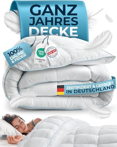 Glückstoff® Couette en plumes et duvet, 200 x 200 cm, certifiée en Allemagne, couette en duvet et plumes, couette d'été et d'hiver, pour toutes les saisons, convient pour toutes les saisons