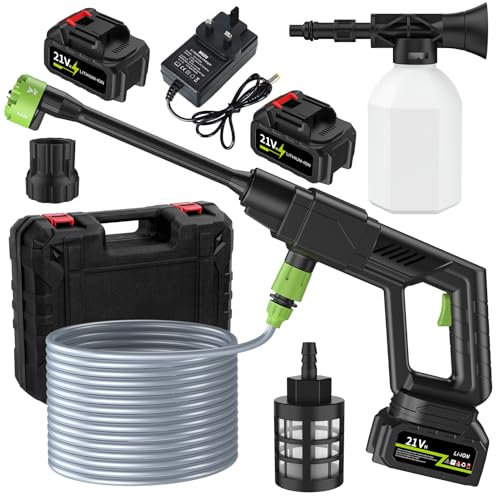 Nettoyeur Haute Pression, 21V 300W Nettoyeur Haute Pression sur Batterie, 500PSI Nettoyeur Haute Pression sans Fil avec 2 Batteries, Tuyau de 5M, Buse Multifonction 6 en 1 (Vert)