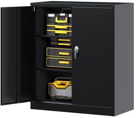 kavey Aktenschrank, Mehrzweckschrank, Büroschrank mit 2 Abnehmbaren Einlegeböden, Aktenschrank Abschließbar für Lagerhaus, Garage, Zuhause, 90 x 80 x 40 cm, Schwarz