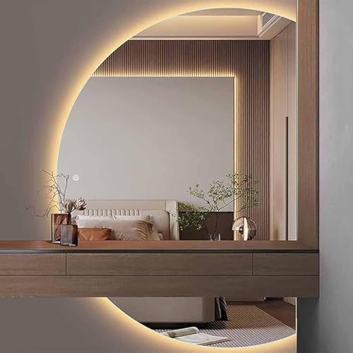 Spiegel Halbrund, 3-Farbig Einstellbare Led Wandspiegel Groß, Intelligent Entnebeln Runder Spiegel Mit Beleuchtung, Splitterfest Schminkspiegel Für Schlafzimmer Flur Badspiegel (R, L110 x W77cm)