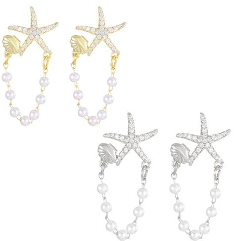 SSKHE Damen Ohrringe Seestern mit Perlen - Modeschmuck Gold & Silber Chic Ohrhänger Muschel Strand Sommer Boho Geschenk Damen Elegant Schmuck Meer Urlaub