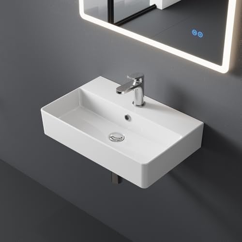 HOROW Waschbecken Bad Keramik Waschtisch tiefes, Aufsatzwaschbecken | mit Hahnloch und Überlauf, Waschbecken Lochabstand 28 cm, Badezimmer Handwaschbecken mit 8mm dünnem Rand