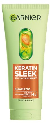 Garnier Keratin Sleek Hair Shampoo, For Dry, Prone-to-Frizz Hair, 200ml | Up To 3 Days Of Sleek and Shine, With 4% Keratin Smoothing Complex, Shiny Hair Shampoo, Dry Hair Prone To Frizz, 200ml