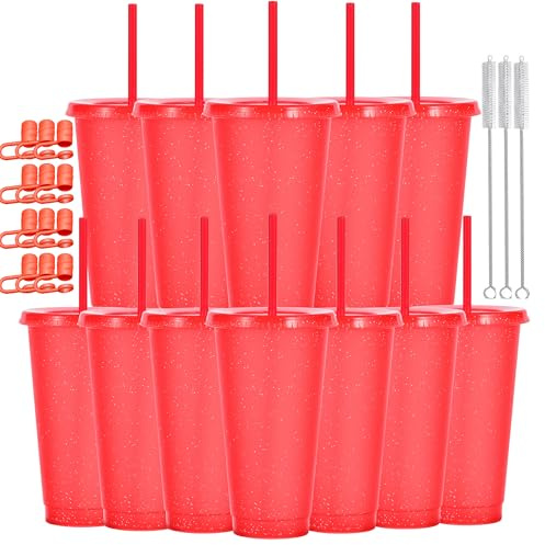 CuppaLifes 12 Pack Reusable Plastic Cups with Lids and Straws, 710ml Cold Tumbler Cups for Slushie and Drinks, Party Cups for Adults Travel Beach Picnic Birthdays (12, Glitter Red)