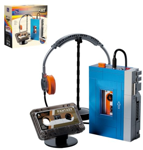 PANTASY Retro Kassettenplayer Klemmbausteine Set | Tragbarer Tape-Player im 1970er-Stil mit austauschbaren Kassetten, Kopfhörern und authentischen Musikdetails
