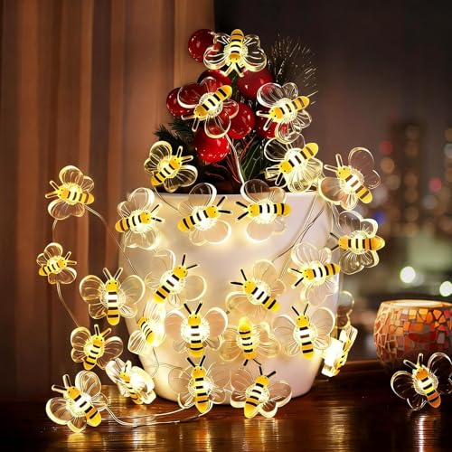 GoldRock 3M 30 Led Bienen Lichterkette Frühling Sommer Herbst Deko, 2 Modi Lichterketten Bienen Deko, Biene Klein Lichterkette Batterie Innen Außen, Bee Led Kette für Kinderzimmer,Geburtstag, Hochzeit