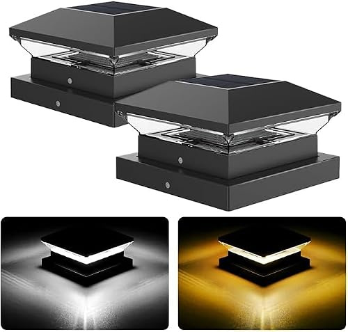 NATPOW Luce Solare Pilastro, 2 Pezzi 3000K/6000K Solare Pilastro Giardino, Auto ON/OFF Solari Esterno Giardino, IP65 Impermeabile per Patio Recinzione Pali