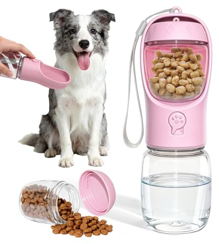 Liphier Bottiglia per cani portatile 2 in 1 per Viaggio(Rosa, 350ml)