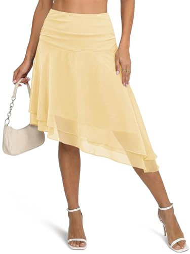 Wenrine Damen Tüllrock Midi Rock Mesh Asymmetrisch Knielang Rüschen Rock Plissee Gestufter Hohe Taille Minirock