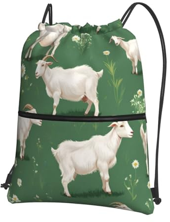 SMAZDFXX Damen- und Herren-Rucksack mit Ziegen- und Blumenmuster, Kordelzug und Reißverschlusstasche