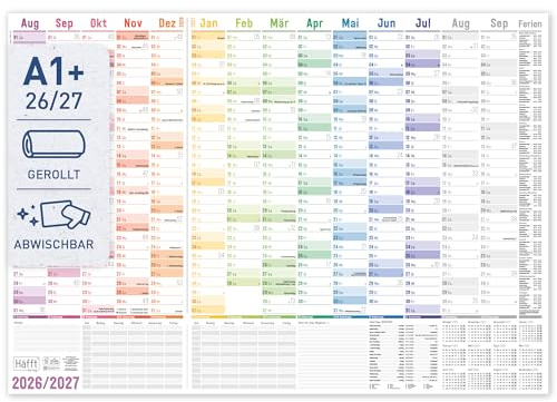 Häfft XXL Wandkalender Schuljahr 2026 2027 A1+ abwischbar Rainbow | Großer Schuljahreskalender im A1+ Format (89 x 63 cm groß), Jahresplaner abwischbar groß/gerollt, Schuljahresplaner Wand
