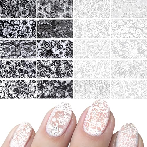 Bafutayawa 20 Pieces Nail Stickers & Lace Nail Art Foils, Elegant Lace Designs in Black & White – Safe & Odourless Manicure Decoration for DIY Nail Art