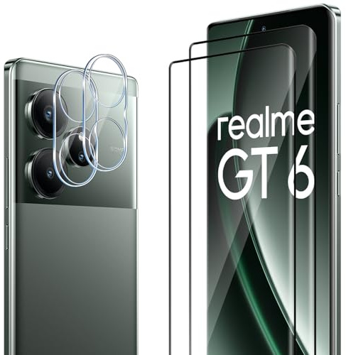 ELYCO Cristal Templado para Realme GT 6/GT 6T, 2+2 Piezas | 2 Piezas Protector de Pantalla + 2 Piezas Protector de Lente Cámara, 9H Dureza Anti-Rasguños, HD Vidrio Templado