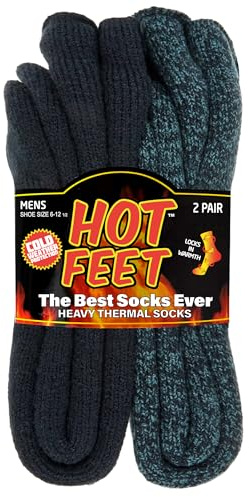 HOT FEET Thermal Socks for Men, Extreme Cold Weather, 2/4 Pack Thick Warm Socks for Men, Winter Insulated Socks, Size 6-12.5, 2 Pack, Solid Denim Heather/Dark Navy