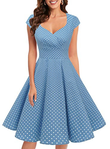 Bbonlinedress Robe Femme de Soirée Cocktail Vintage Femme Chic Courte pour Mariage Invité Gala Fête Témoin Anniversaire Col Carré Blue Small White Dot L