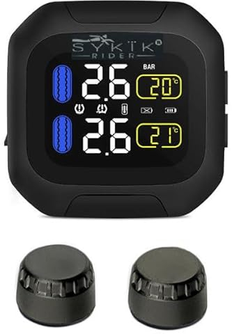 Sykik Rider SRTP300 Motorrad-Reifendruck-Überwachungssystem mit 3,8 cm (1,5 Zoll) Monitor. Überprüfen Sie Ihren Reifendruck während der Fahrt