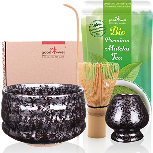 Goodwei Matcha Kit Thé Matcha BIO Japonais avec Fouet Bambou, Bol de Cérémonie en Céramique et support à fouet | Coffret cadeau (Tetsu)