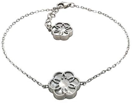 Sogni d´oro Style Armband aus rhodinierter 925 Sterling Silber Ankerkette mit Perlmutt-Blume, Karabiner und Verlängerungskette, Länge 19-21cm