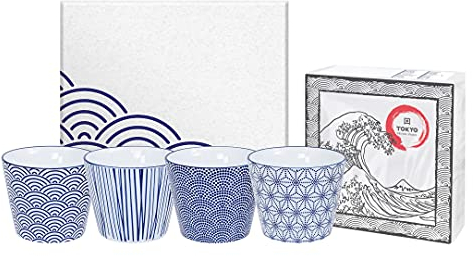 TOKYO design studio Nippon Blue Tee-Becher-Set blau-weiß, 4-TLG., 4X Tee-Tassen 180 ml, asiatisches Porzellan, Japanisches Design, inkl. Geschenk-Verpackung