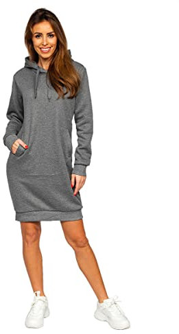 BOLF Femme Sweat Long ? Capuche ? la Mode Hoodie Robe Sweat-Shirt ? Manches Longues Automne Hiver en Coton Couleur Unie Poche Kangourou YS10005 Graphite S [A1A]