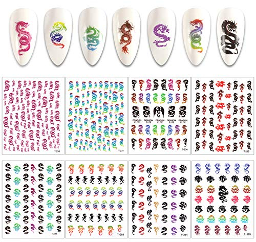 MWOOT 8 Blatt Drachen Nagelaufkleber Abziehbilder,3D Dragon Nail Art Stickers Decals Set,Drachenelement Nagelsticker Selbstklebend Nail Art Tattoo Aufkleber für DIY Nagel Kunst Dekoration
